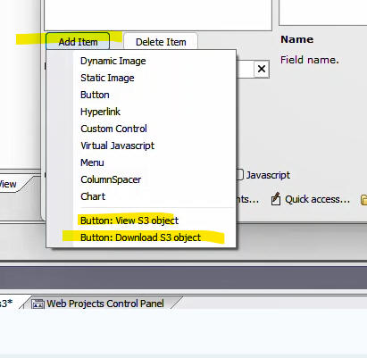 Add Item menu showing S3 button options